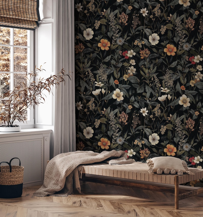 Dark Floral Peel and Stick Wallpaper, Moody Wildflowers Wall Mural ...