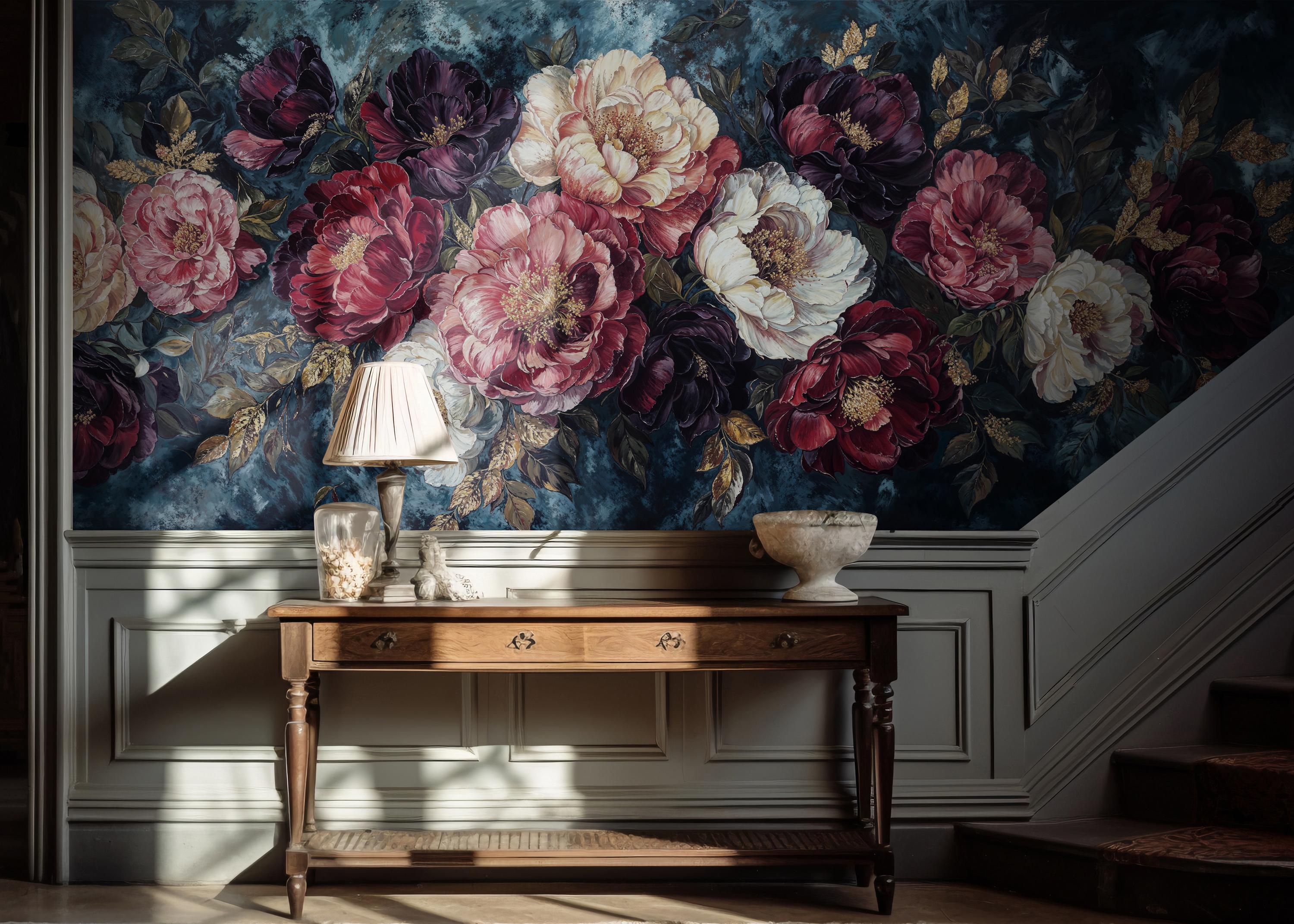 Large Abstract Floral Wall Mural Wallpaper, Navy Dark Floral Peel and ...