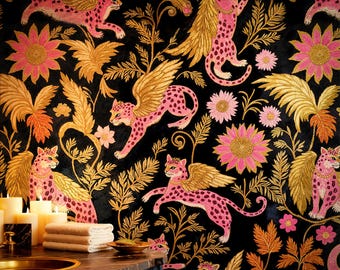 Winged Pink Leopard Peel and Stick Wall Mural, Whimsical Maximalist Wallpaper