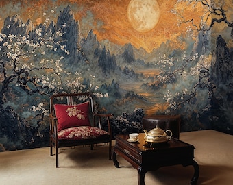 Gold Chinoiserie Peel and Stick Wallpaper Wandbild, Japanische Landschaftswandbild Tapete, Antike Chinoiserie Tapete, Kirschblüten Tapete