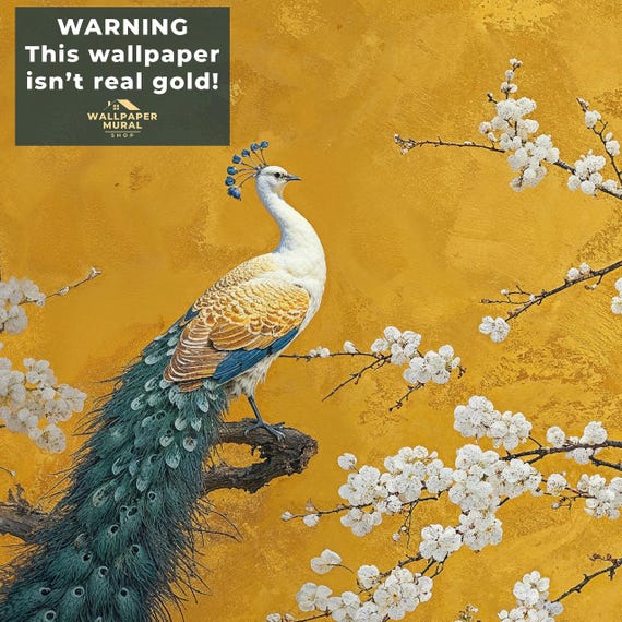 Green Chinoiserie Wallpaper Mural, Peacock Peel & Stick Wallpaper, Chinese Peacock Mural Wallpaper, Chinoiserie Peel And Stick Wallpaper