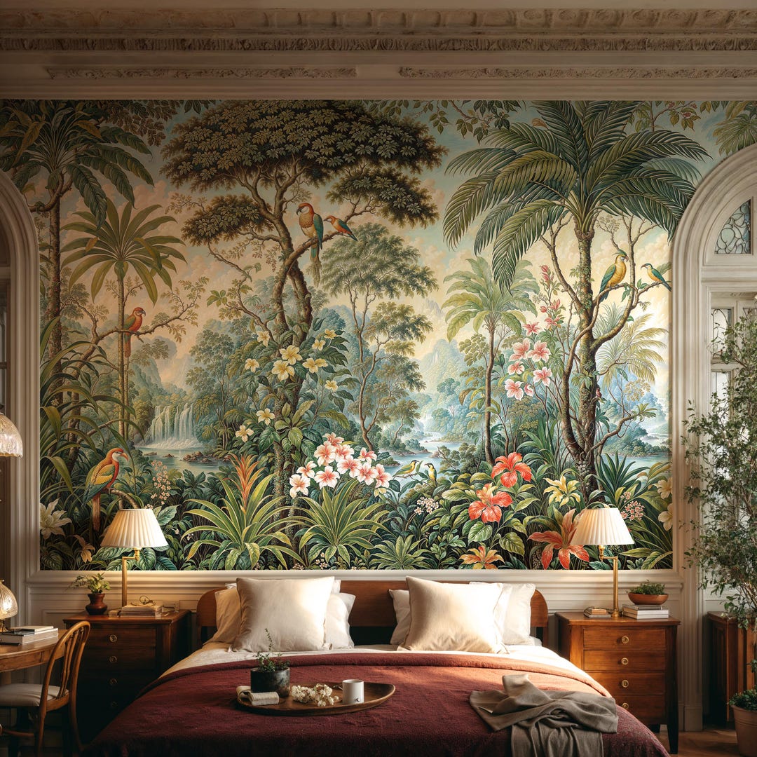 Vintage Tropical Jungle Wall Mural Peel and Stick, Exotic Birds ...