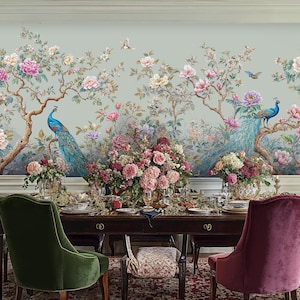 Chinoiserie Wallpaper Mural, Peacock Peel and Stick Wall Mural, Bird and Floral Wallpaper, Self Adhesive Wall Covering