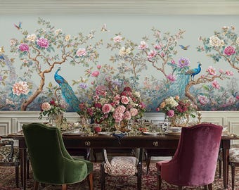 Chinoiserie Wallpaper Mural, Peacock Peel and Stick Wall Mural, Bird and Floral Wallpaper, Self Adhesive Wall Covering