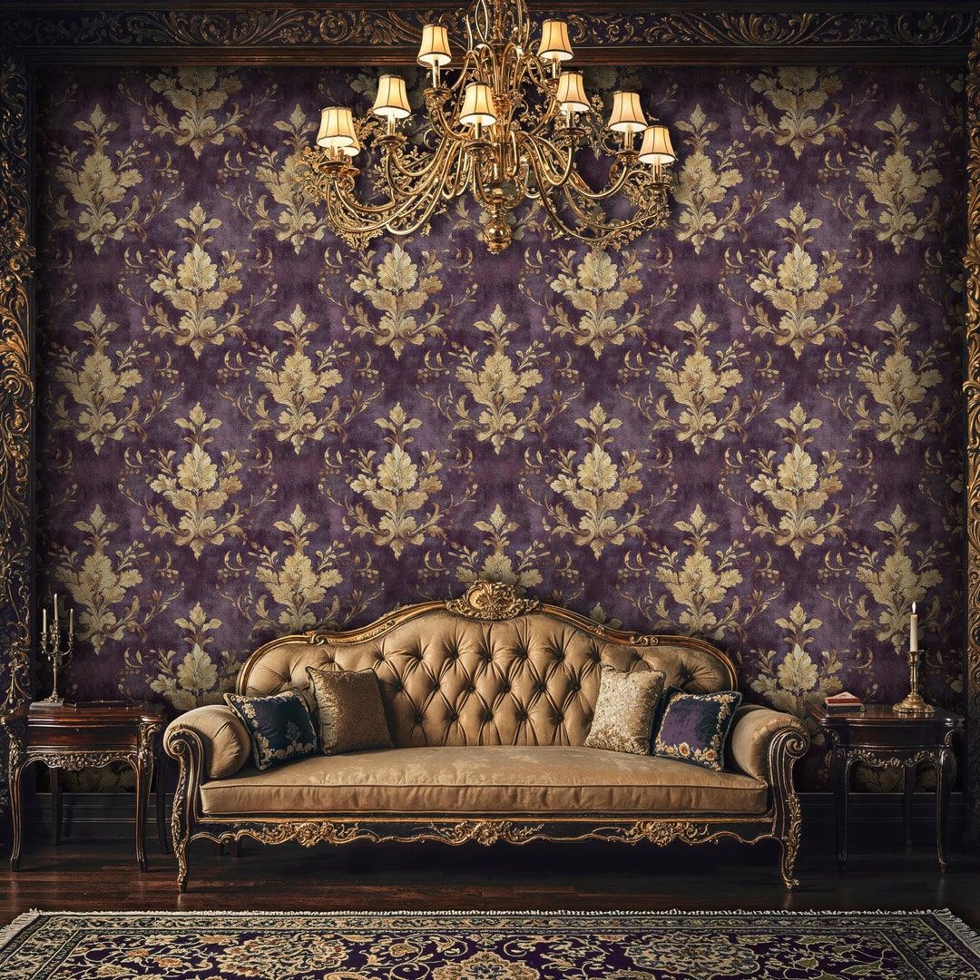 紫の花柄ダマスク壁紙、高級バロック調壁紙、紫と金のダマスク柄の貼っ