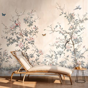 Sepia Chinoiserie Peel and Stick Wallpaper Peonies and Birds, Chinoiserie Blossom Wall Mural with Butterflies, Chinoiserie Wallpaper Mural