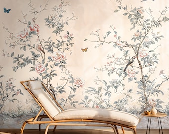 Sepia Chinoiserie Peel and Stick Wallpaper Pfingstrosen und Vögel, Chinoiserie Blossom Wandbild mit Schmetterlingen, Chinoiserie Wallpaper Wandbild