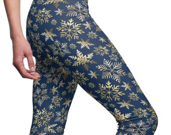 Blue Christmas Leggings: Gold Snowflake Holiday Yoga Pants