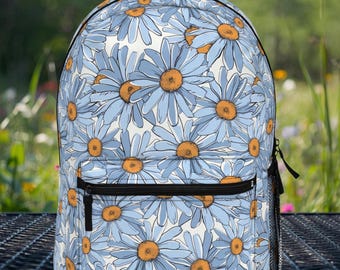 Blue Daisy Print Backpack: Trendy Floral Travel Bag - Etsy display picture 1