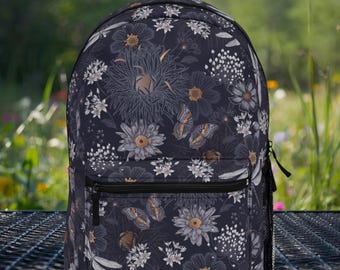 Insect Print Bookbag with Wildflowers - Blue Floral Backpack - Gardeners Gift