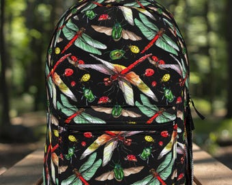 Colorful Bugs Dragonflies Backpack | Insect Print School Bag | Exotic Bugs Rucksack