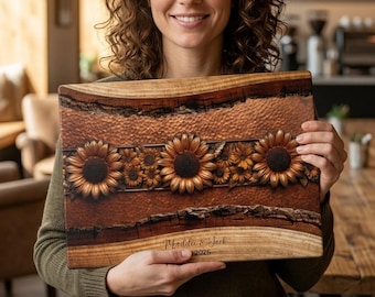 Personalized Sunflower Glass Cutting Board with Copper Wood Look | Custom Rustic Charcuterie Board | Bridal Shower, Couples & New Home Gift
