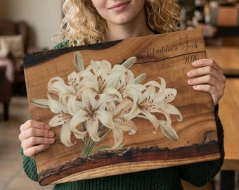 Custom Floral Glass Cutting Board with Names, Personalized Rustic Lily Charcuterie Board for Kitchen, Bridal Shower, Couples & New Home Gift