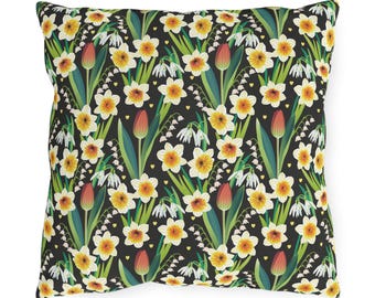 Cojín decorativo de exterior con estampado de narcisos y tulipanes, cojines florales amarillos para porche, cojín resistente a los rayos UV con diseño de flores campestres.
