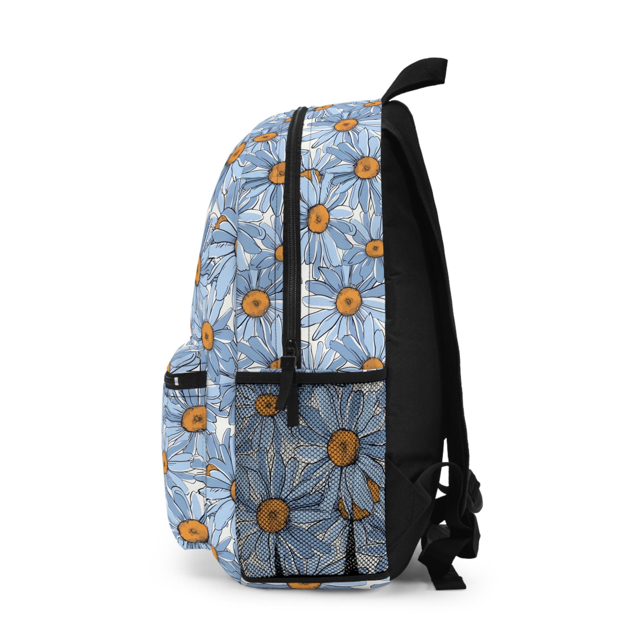 Floral Women\'s Backpack in Blue and Black with Faux Leather Trim GUC PU Leather Female School Bags - Custom Travel Knapsacks main image 3