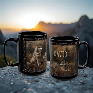 Może przedstawiać: Dwa czarne ceramiczne kubki z ilustracjami wilków. Jeden kubek przedstawia siedzącego wilka, drugi ma imię "DAVID" i leżącego wilka. Kubki mają uchwyt i scenę leśną.