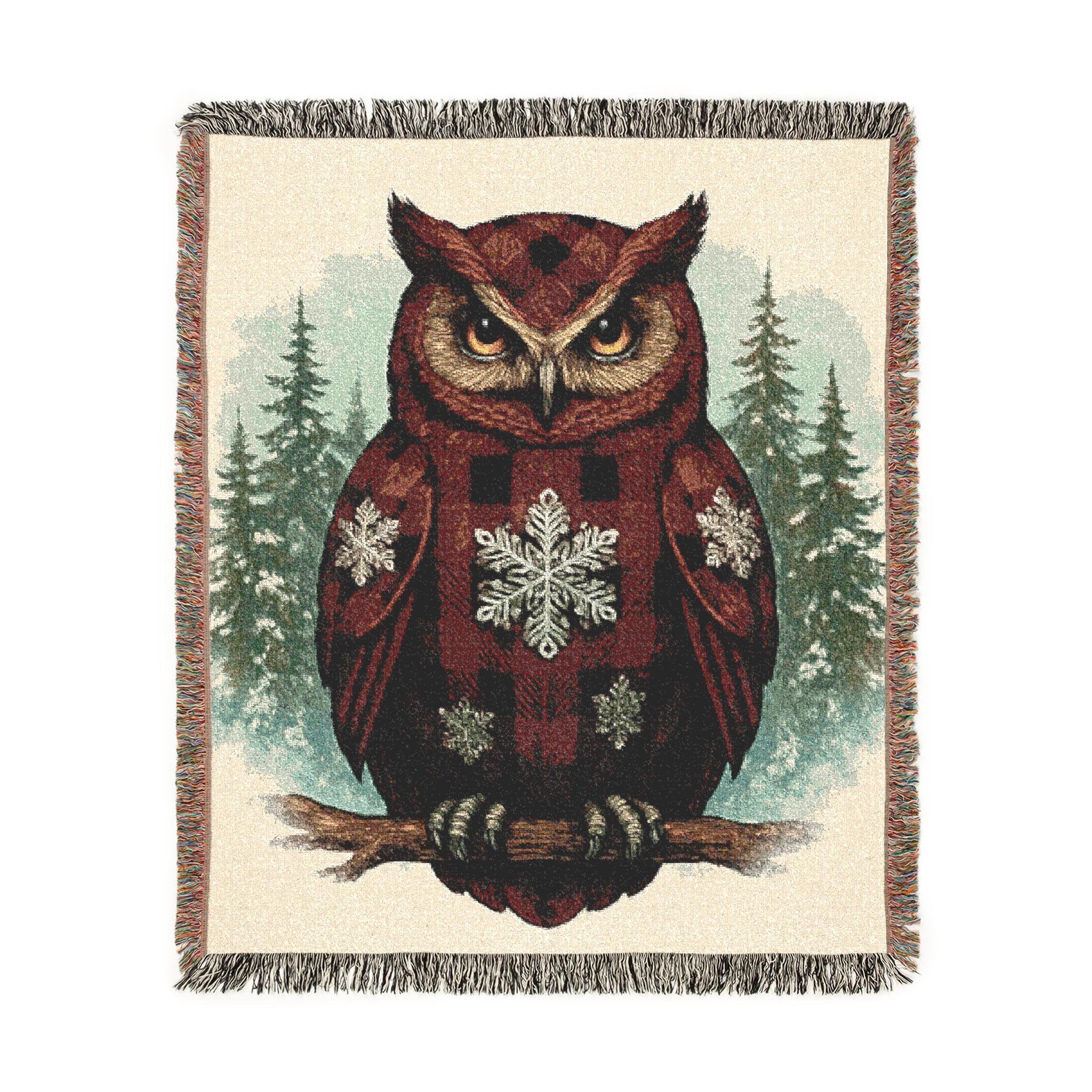 Buffalo Plaid Owl Cotton Blanket | Holiday Throw Blanket | Winter Woodland Home Decor
