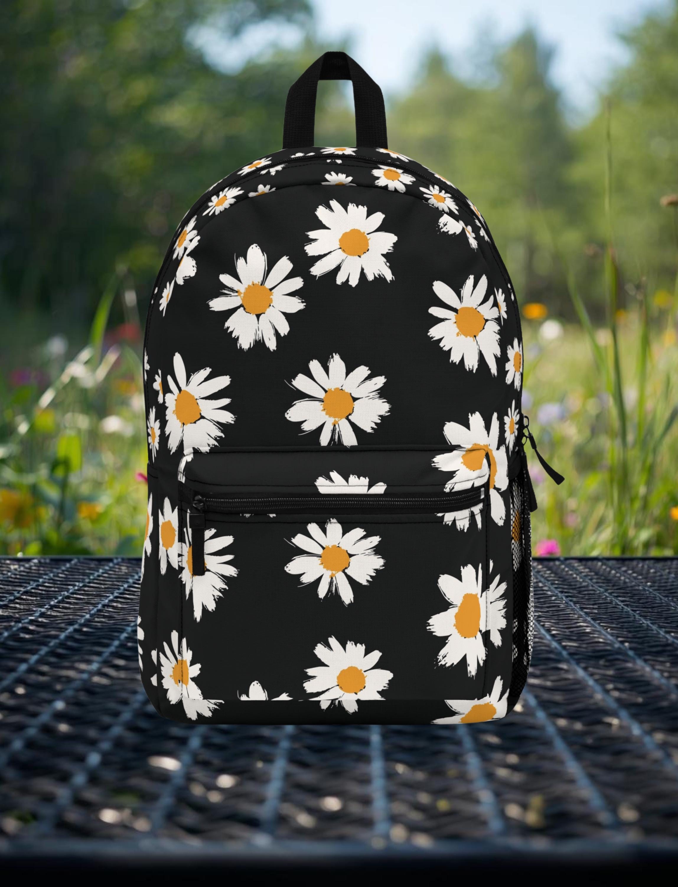 Daisy Floral Print Backpack: Black School Bookbag - Etsy