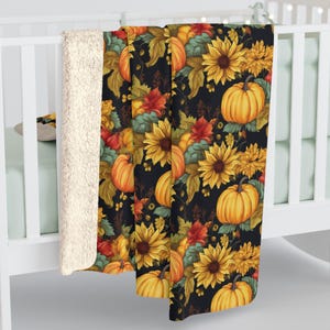 Fall Sunflower and Pumpkins Sherpa Fleece Blanket | Cozy Autumn Throw Blanket | Soft Fall Fleece Blanket | Farmhouse Fall Decor