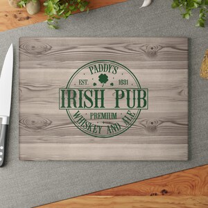 St. Patrick’s Day Glass Cutting Board | Irish Pub Kitchen Decor | Gift for Cooks | Lucky Clover Charcuterie Board | New Home Irish Gift