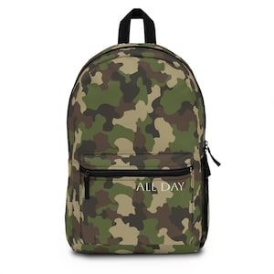 Camo Backpack: Outdoor Hiking Daypack with &#39;All Day&#39; Message