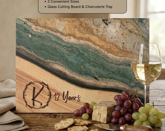12th Anniversary Gift, Personalized Monogram Glass Cutting Board, Linen Jade Charcuterie Tray
