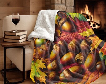 Rustic Autumn Acorns Fleece Blanket | Fall Leaves Throw