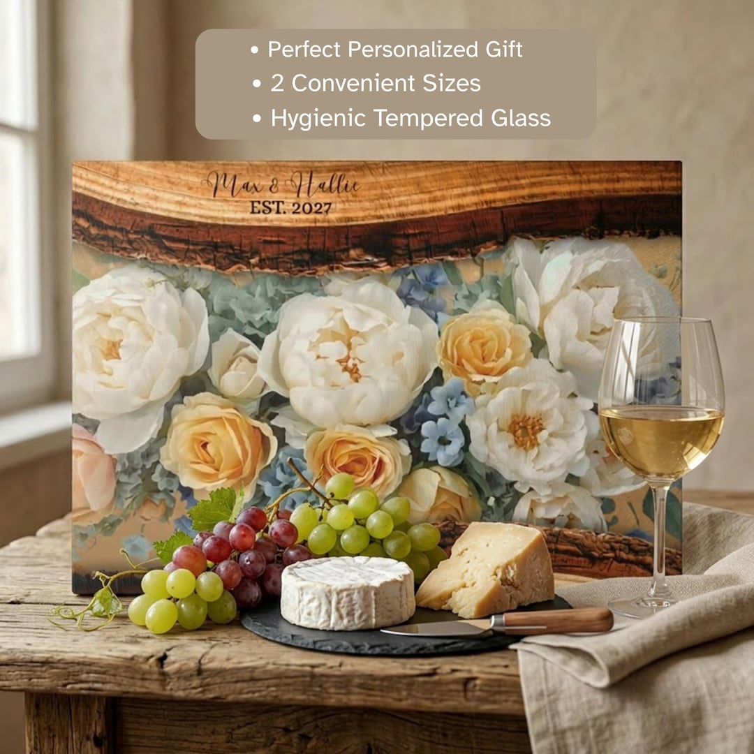 Personalized Floral Glass Cutting Board With Names, Custom Wedding