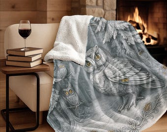 Sherpa Fleece Owl Blanket | Holiday Throw | Winter Woodland Home Decor