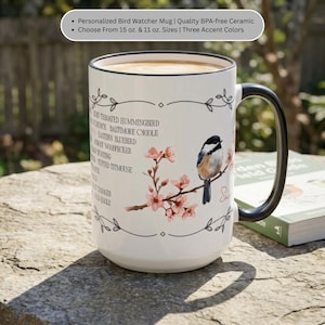 Fågelskådarmugg, personlig kaffemugg med svart kappa, gåva för fågelälskare, personlig fågelskådningsmugg, fågelmugg för trädgården