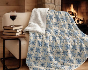 Christmas Snowflake Sherpa Fleece Blanket | Blue Snowflakes Winter Throw | Cozy Holiday Farmhouse Decor