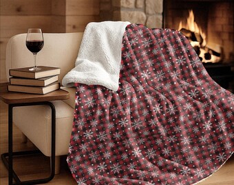 Buffalo Plaid Christmas Fleece Blanket | Red Black Plaid Snowflake Throw