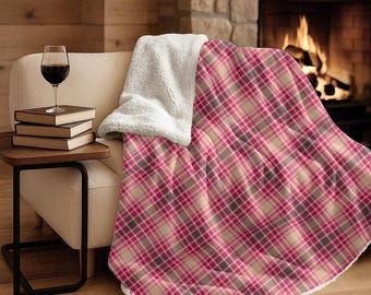 Pink Plaid Sherpa Fleece Blanket | Pink & White Cozy Throw | Valentines Day Home Decor