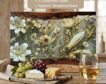 Personalized Wildflower Glass Cutting Board with Names | Custom Rustic Lily Floral Charcuterie Board, Bridal Shower, Couples & New Home Gift