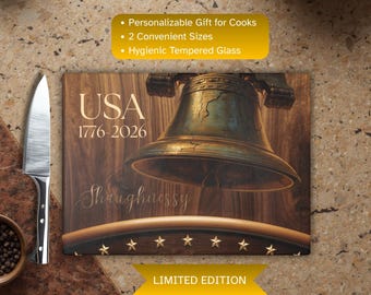 Tabla de cortar personalizada America 250 con nombre / Tabla de embutidos de vidrio patriótica de EE. UU. / Regalo del 4 de julio / Decoración de cocina para el 250 aniversario