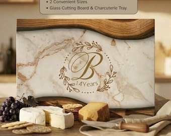 14th Ivory Anniversary Gift Tempered Glass Cutting Board, Charcuterie Tray Cheeseboard Ivory 14 Year Gift