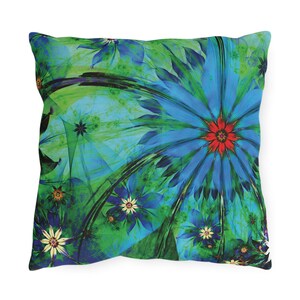 Cojín de exterior con diseño de estrellas florales: cojín impermeable verde y azul para patio