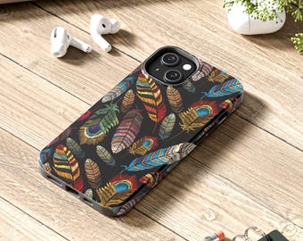 トライバル柄スマホケース | ボヘミアン風スマホケース | カラフルな羽根