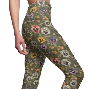 Floral Pansy Leggings for Women | High Waisted Buttery Soft Yoga Pants | Vintage Inspired Spring Flower Leggings