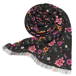 Black Floral Scarf: Lightweight Polyester Spring Summer Wrap