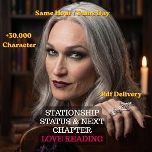 May include: A person with long gray hair and dark lipstick, wearing silver rings on their fingers. Text overlays read: Same Hour / Same Day, +30.000 Character, Pdf Delivery, STATIONSHIP STATUS & NEXT CHAPTER LOVE READING in yellow and pink.