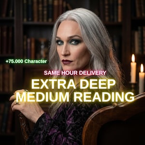 Könnte beinhalten: Eine Person mit langem silbernem Haar und dunklem Make-up in einem violetten Kleidungsstück mit Muster. Das Bild enthält den Text +75.000 Character, SAME HOUR DELIVERY, EXTRA DEEP MEDIUM READING in Gelb und Weiß vor einem dunklen Hintergrund.