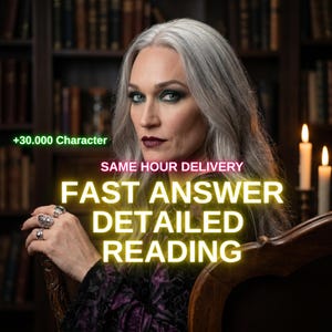 May include: A person with long grey hair and dark makeup wearing three silver rings on their fingers. The image features the text +30.000 Character, SAME HOUR DELIVERY, FAST ANSWER, and DETAILED READING in white, pink, and yellow neon lettering.