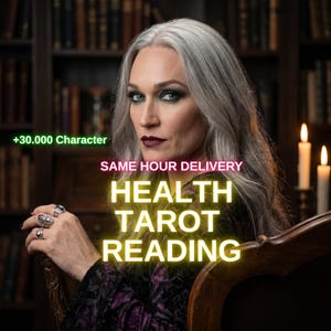 May include: A person with long silver hair and dark makeup wearing three silver rings on their fingers. The image features the text +30.000 Character, SAME HOUR DELIVERY, and HEALTH TAROT READING in yellow and white against a dark library background.