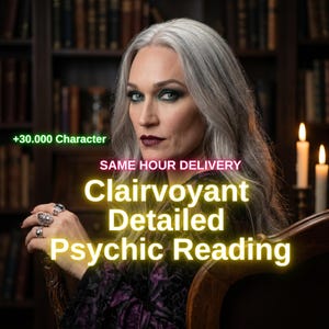 May include: A person with long silver hair and dark makeup wearing rings on their fingers. The text reads +30.000 Character, SAME HOUR DELIVERY, and Clairvoyant Detailed Psychic Reading. The background features a bookshelf and two lit candles.