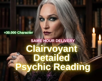Peut inclure: Une personne aux longs cheveux argentés et au maquillage sombre portant des bagues aux doigts. Le texte indique +30.000 Character, SAME HOUR DELIVERY, et Clairvoyant Detailed Psychic Reading. L'arrière-plan montre une bibliothèque et deux bougies.