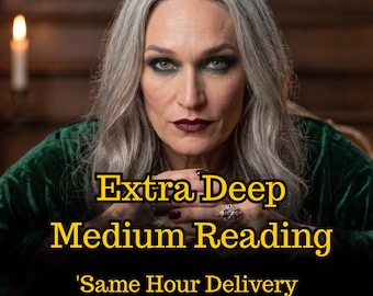 May include: A person with long gray hair and dark makeup wearing a dark green velvet garment. The text reads: Extra Deep Medium Reading, Same Hour Delivery, +30.000 Character. The person has dark red nail polish and silver rings on their fingers.