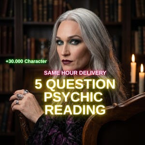 May include: A person with long gray hair and dark makeup wearing three silver rings on their fingers. The image features the text +30.000 Character, SAME HOUR DELIVERY, and 5 QUESTION PSYCHIC READING in yellow and white against a dark library background.