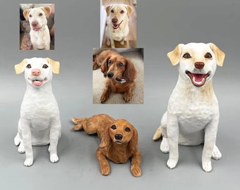 May include: Five custom-made dog figurines. Two white dogs are sitting, one brown dog is lying down, and two white dogs are shown in the background.