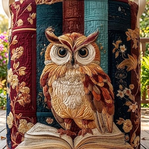 Peut inclure: Un panier de rangement rond avec un motif de hibou matelassé. Le hibou est perché sur un livre ouvert, avec un fond de dos de livres en bordeaux, sarcelle et marron. Des poignées beiges sont fixées en haut.